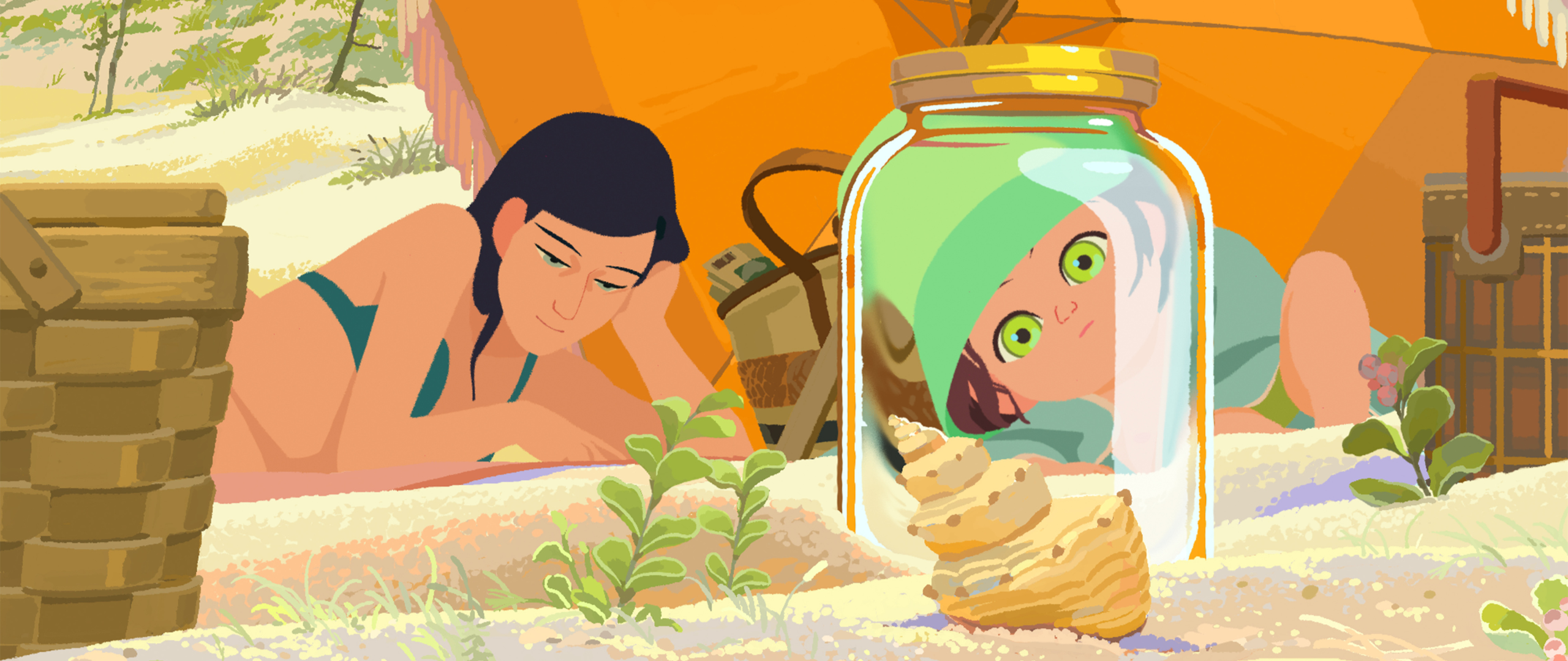 Animation d'une petite fille qui regarde un coquillage à travers un bocal près d'une dame