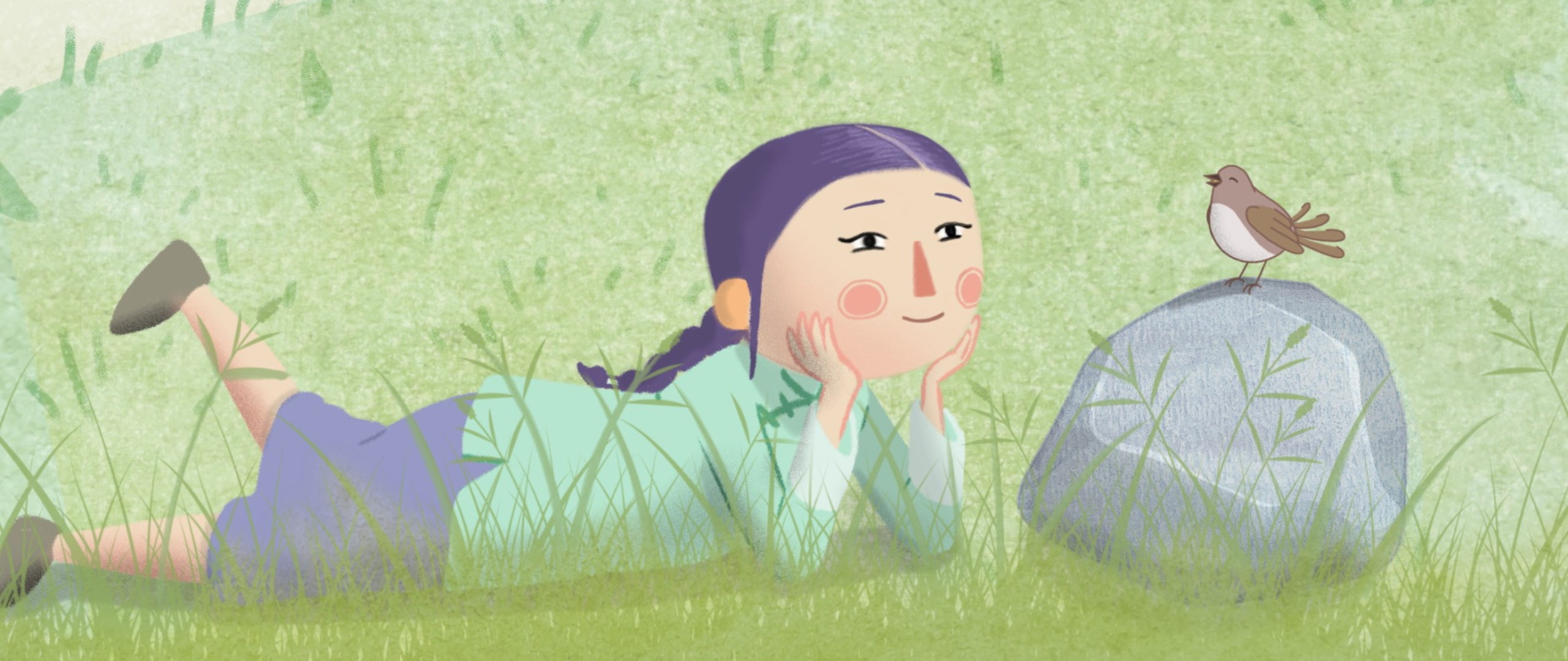 Animation d'une fillette couchée sur le ventre dans l'herbe qui admire un oiseau sur un gros caillou