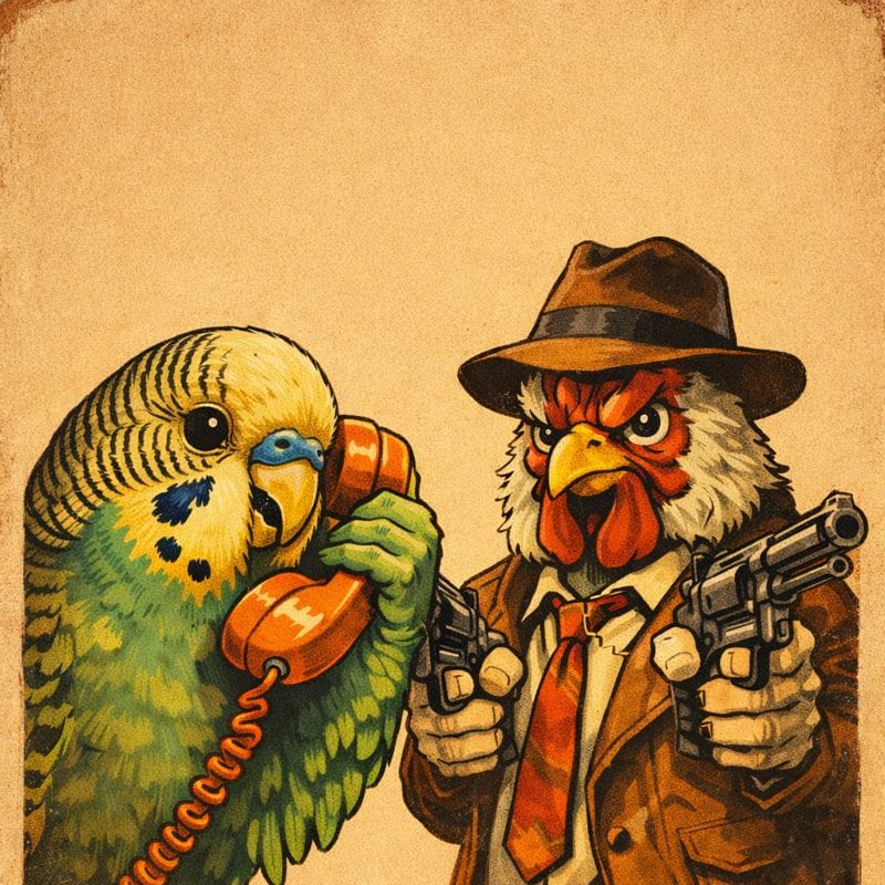 Illustration d'une perruche au téléphone et d'un poulet (l'animal) avec deux flingues.