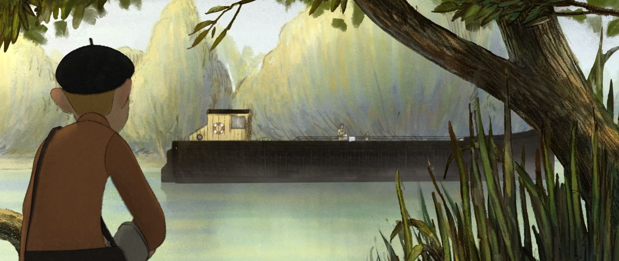 Animation d'un jeune homme avec un béret qui regarde passer un bateau